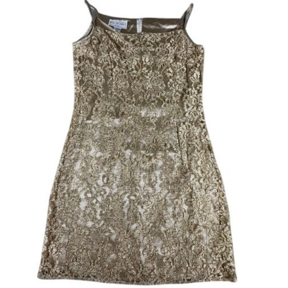 Jessica McClintock Gunne Sax Dress Womens 9/10 Gold Lace‎ Metallic Mini Sheath